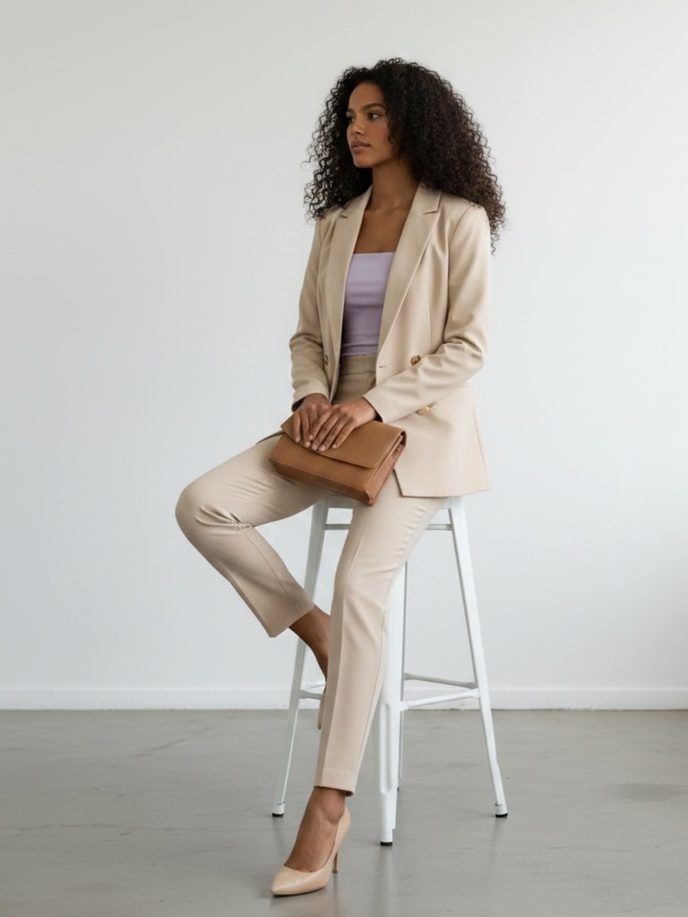 1338 • Oat Milk Tapered Leg Open Front Blazer Two Piece Suit Set